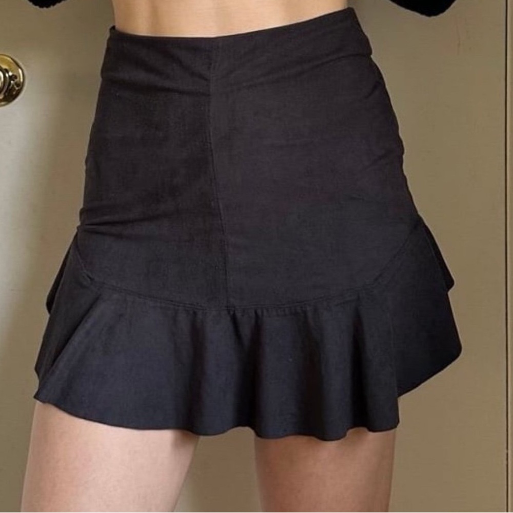 Black Mini Suede Skirt with Ruffled Hem